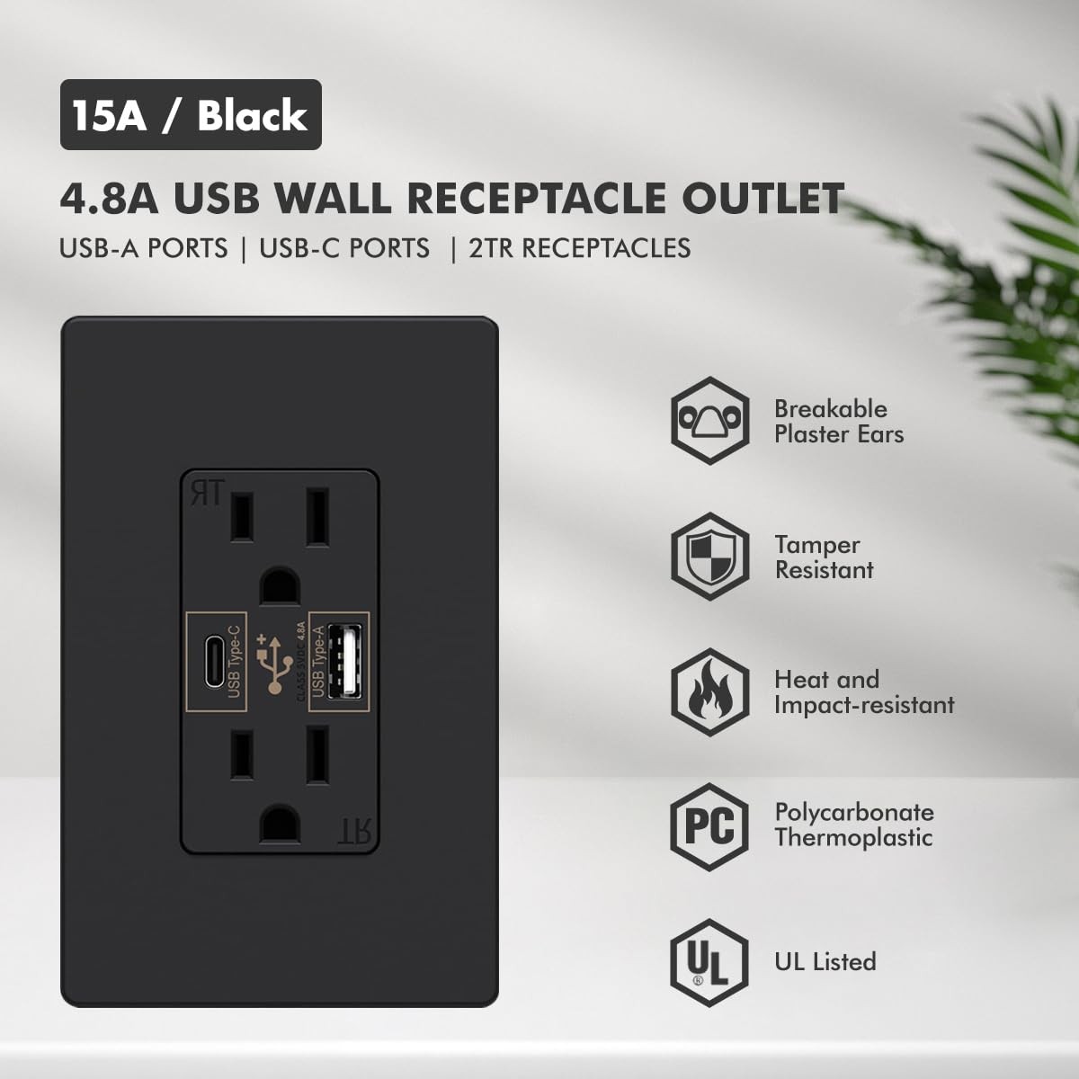 USB C Wall Outlet Receptacle, 4.8A USB Type C + A, High Speed Charging for Sm... gallery
