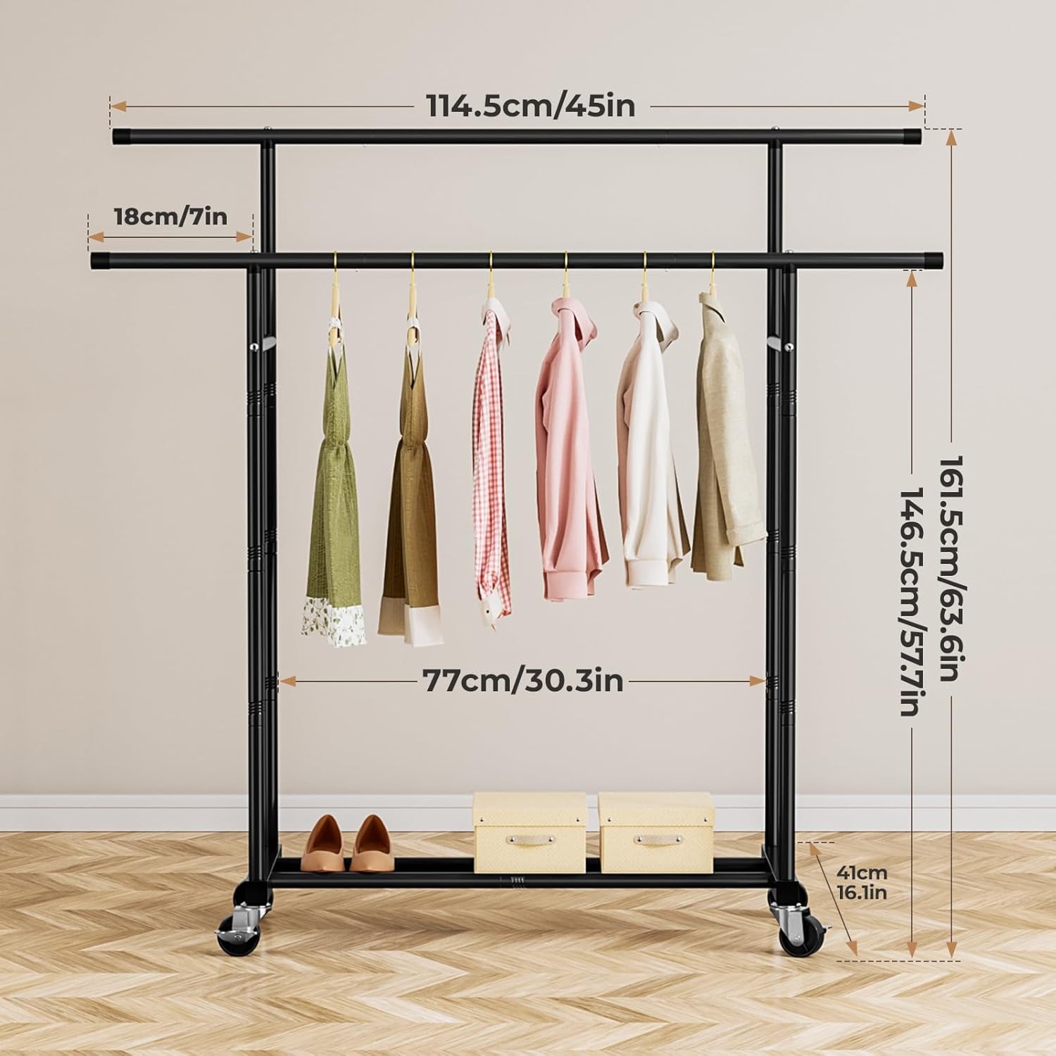Abiglifty Double Rods Clothes Rack for Hanging Clothes Clothing Rack with Wheels gallery