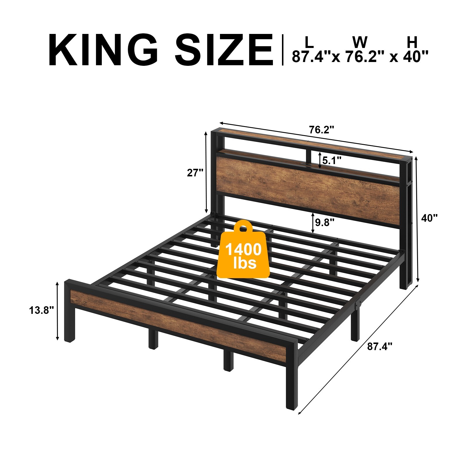King Size Bed Frame with Storage Headboard and LED Lights and Charging Station gallery