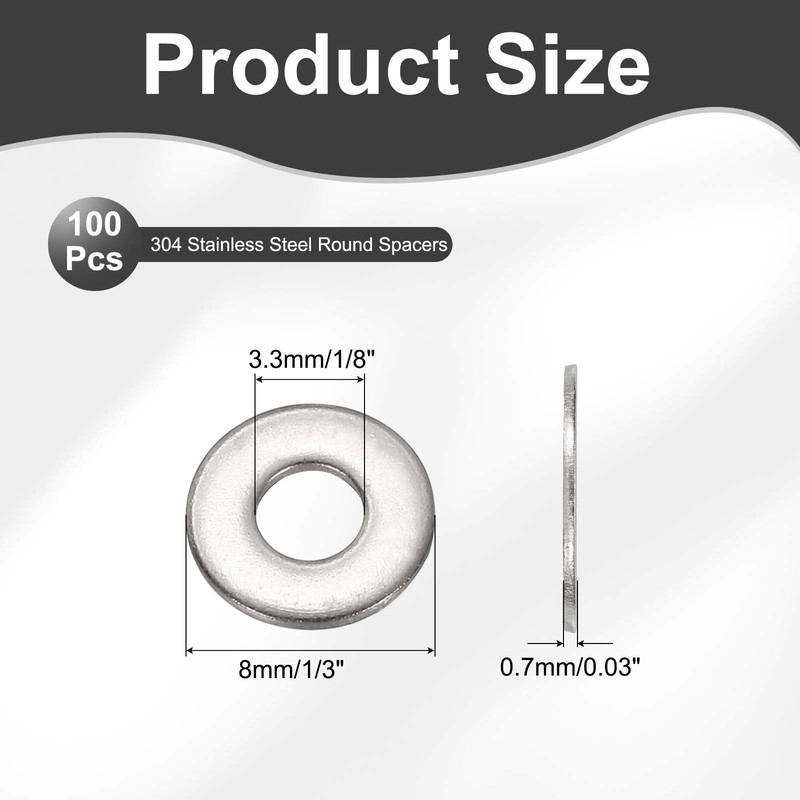 100Pcs #4 Flat Washer 304 Stainless Steel Round Spacers 1/8" ID x 1/3" OD gallery