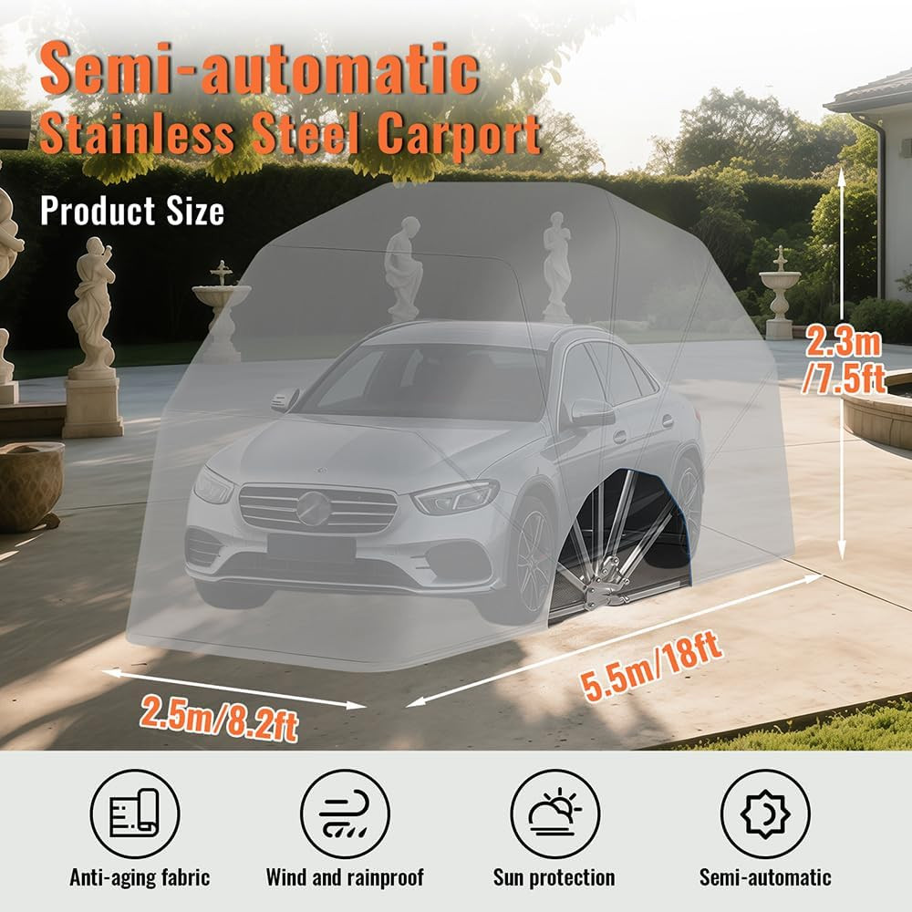 Heavy Duty Retractable Carport - Portable Lockable Car Shelter 8x8.2x7.5FT gallery