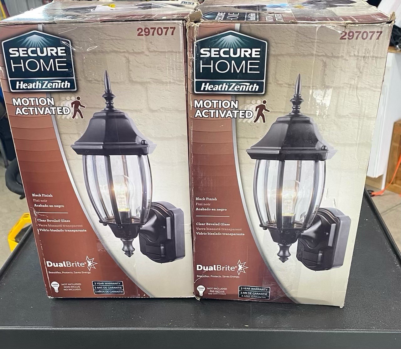 2 Allen + Roth 17 inch Outdoor Lantern Wall Light Black Clear Glass Pair Motion gallery