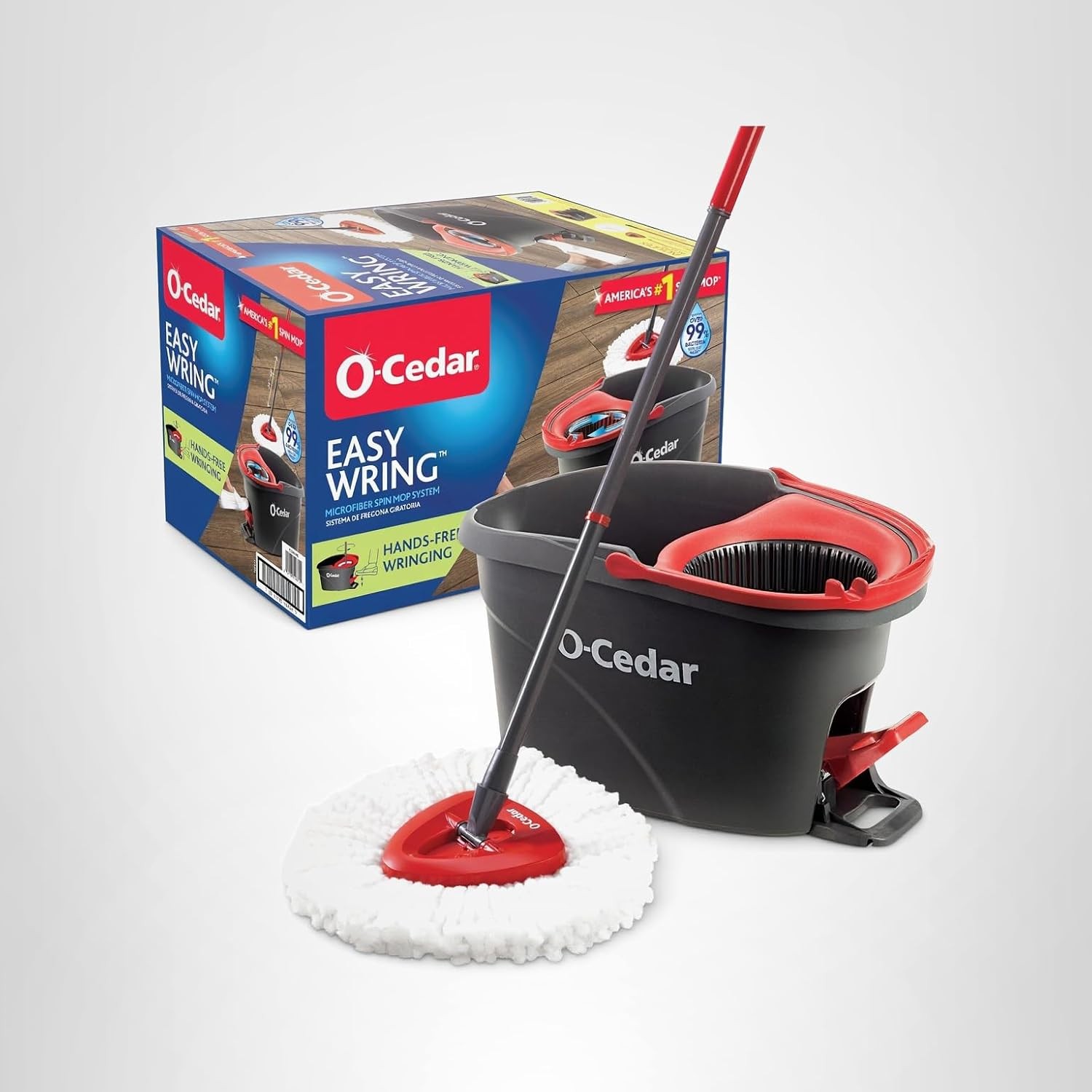 O-Cedar EasyWring Microfiber Spin Mop, Bucket Floor Cleaning System, Red, Gray, gallery