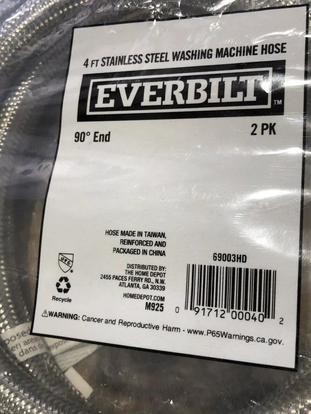 12) Pair, 24 Total. Everbilt. 4' Stainless Washing Machine Hose 90° Brass End. gallery