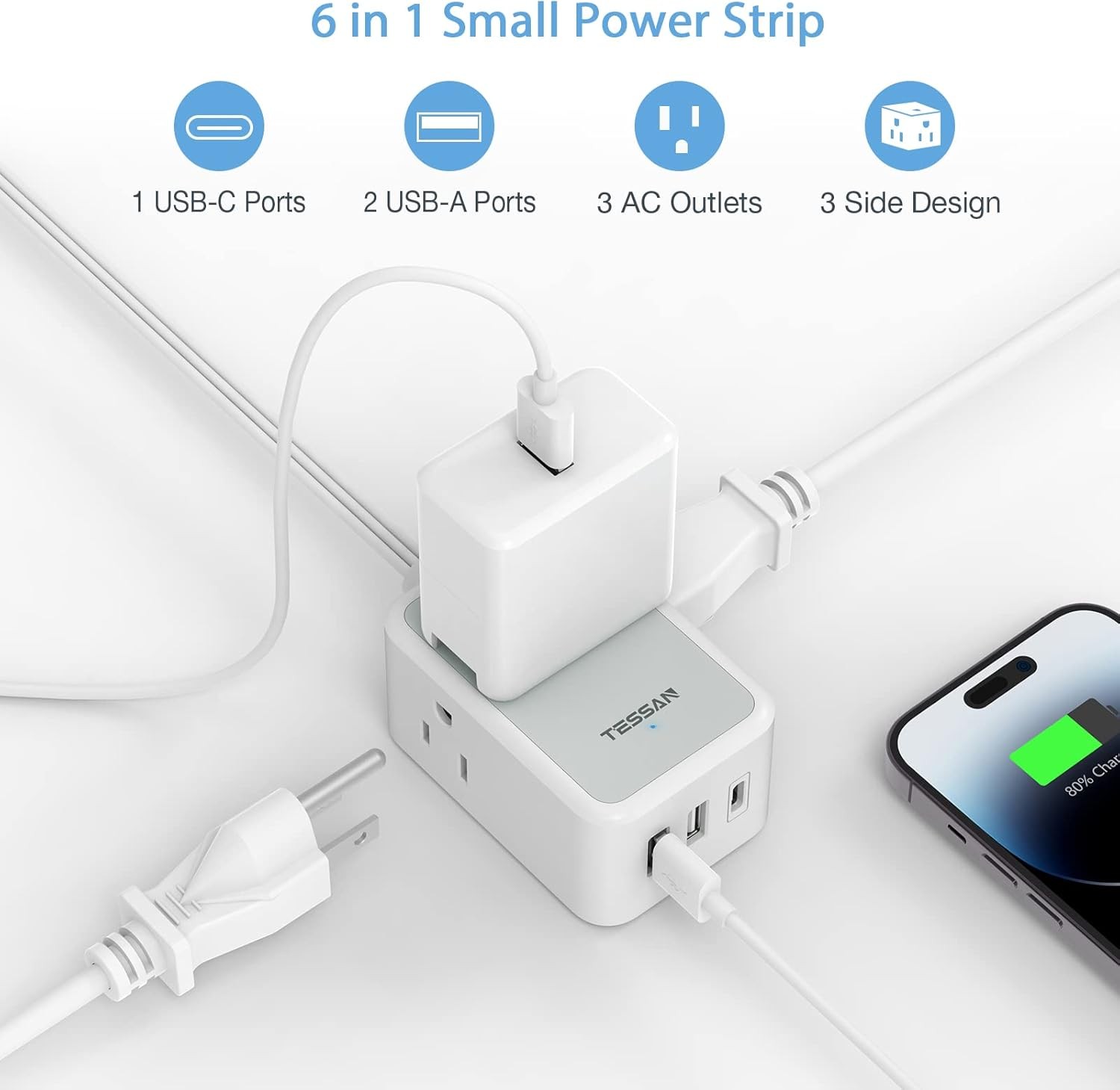 Flat Plug Power Strip with 3 USB Charger (1 USB C) 3 Outlet Extension Cord 10 FT gallery
