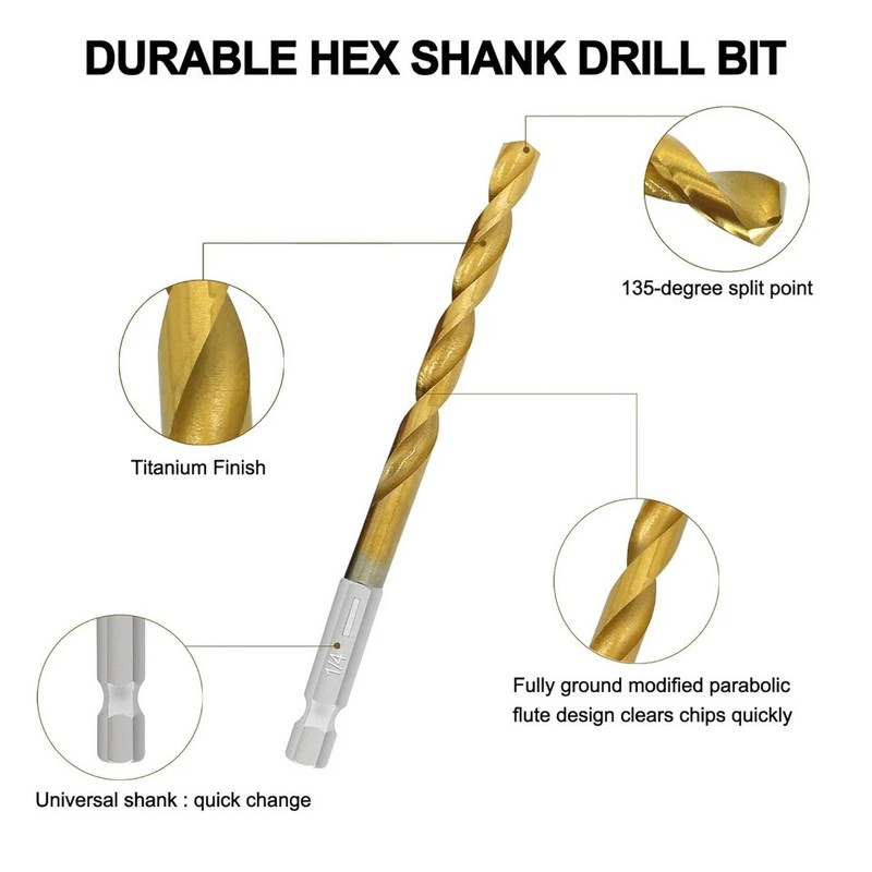 10 Pcs 1/8" Titanium Coated Twist Hex Shank Drill Bit Set HSS Impact Drill Bits gallery