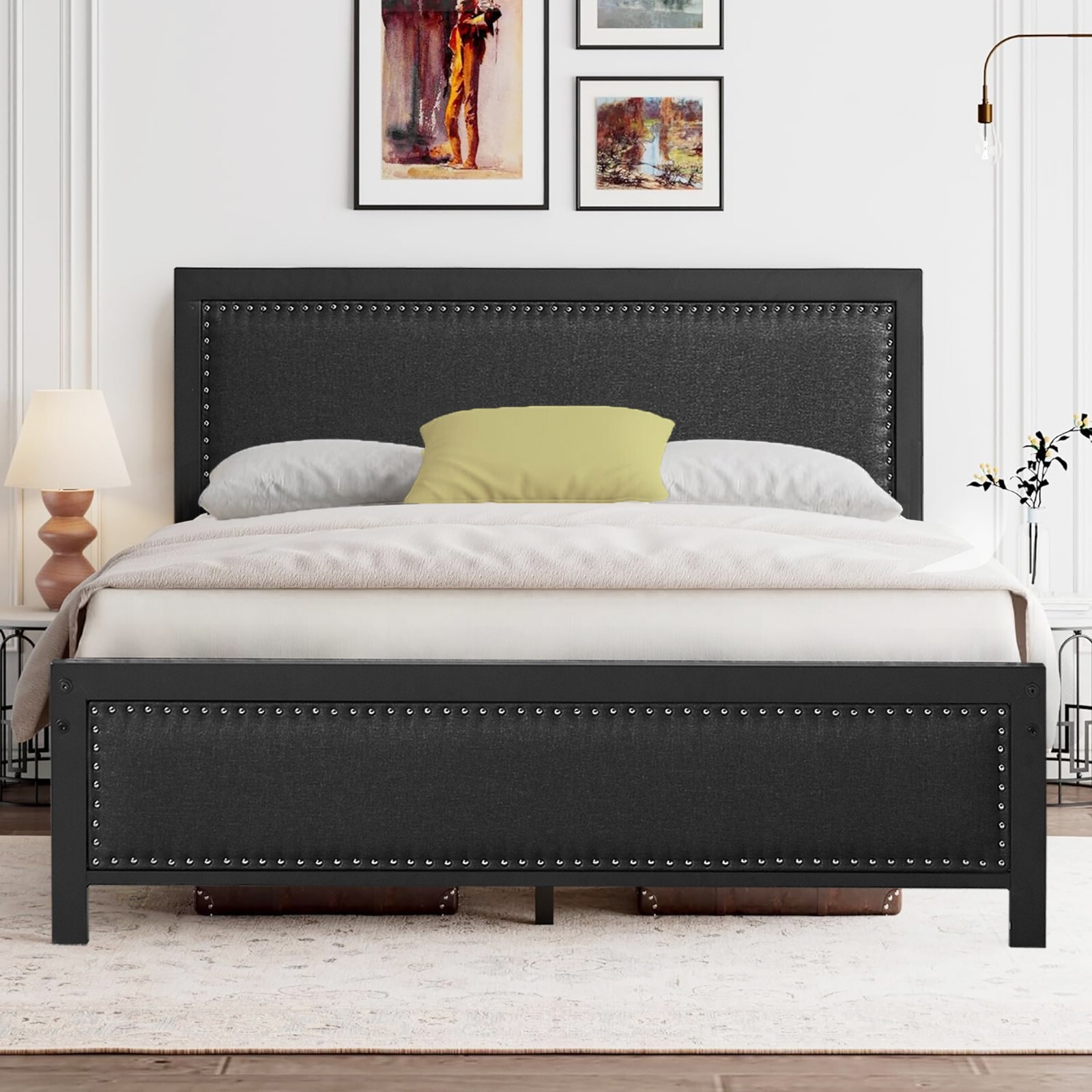 Twin Full Queen Size Bed Frame Metal Platform w/Upholstered Headboard Footboard gallery