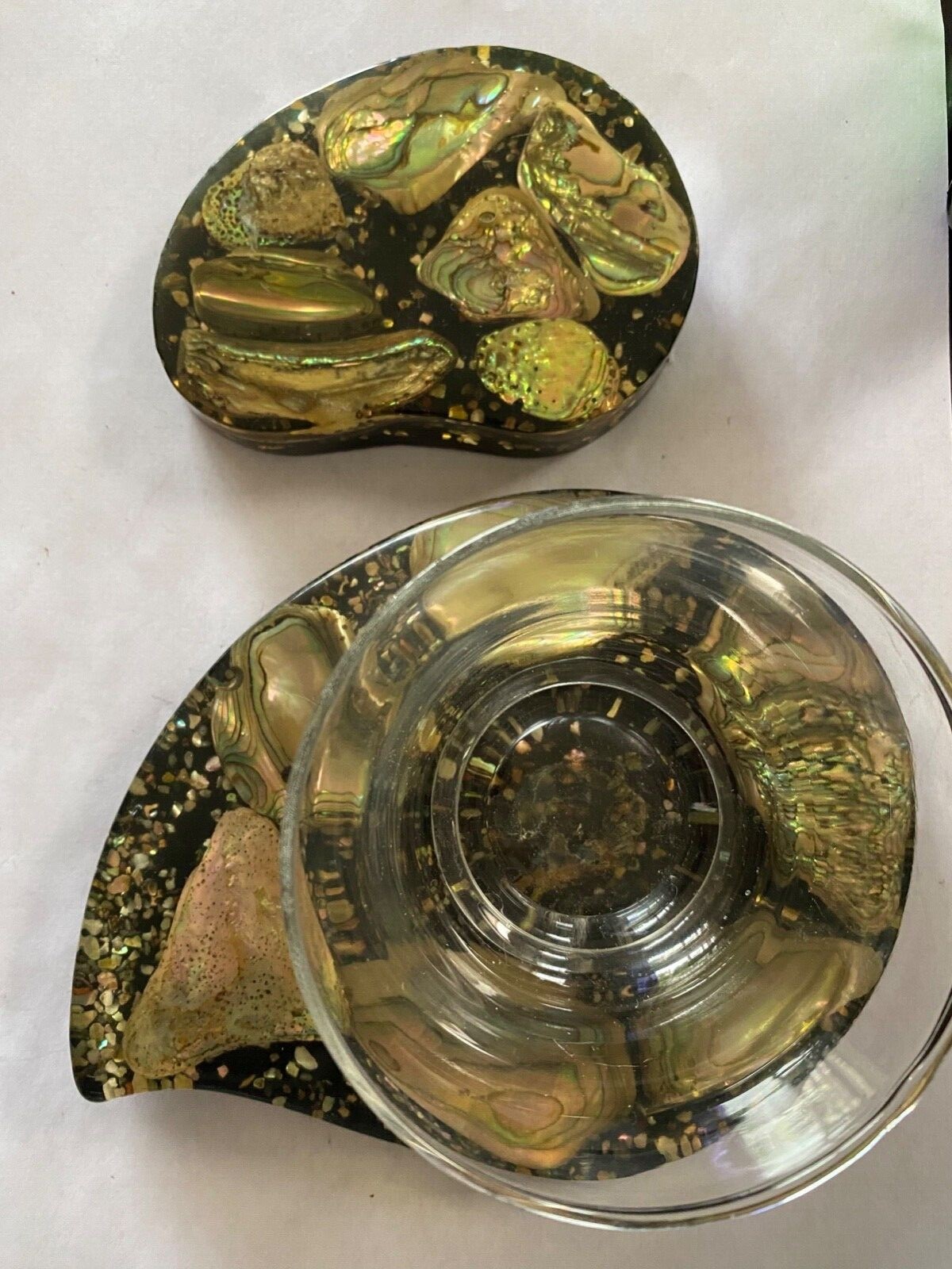 Vintage Abalone Sea Shell Black Lucite lot Inlay candle Retro Catch All Tray MCM gallery