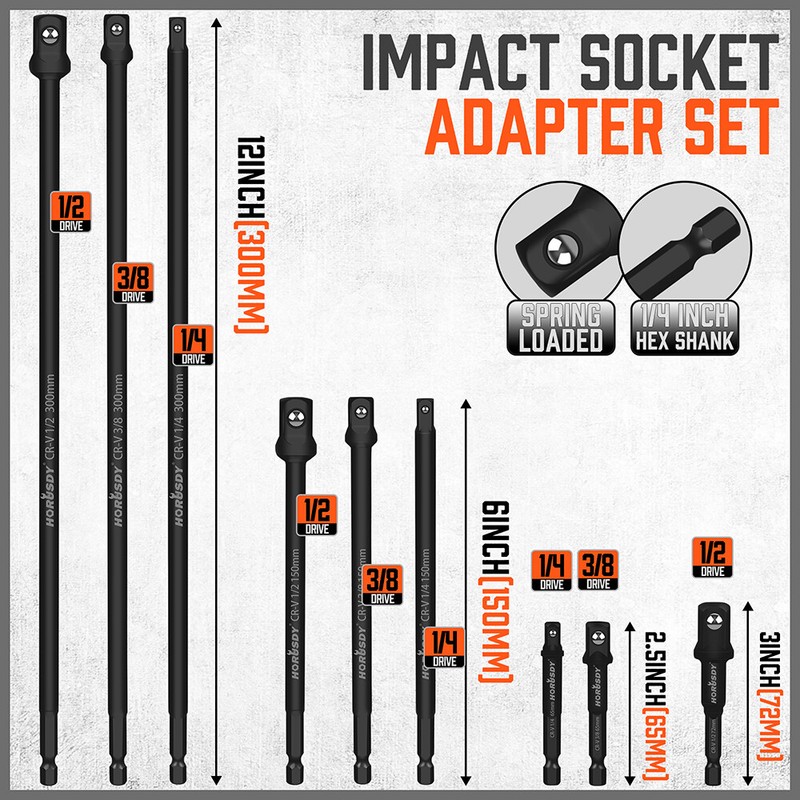 9pc 12" 6" 3" Impact Grade Socket Adapter Set 1/4" 3/8" 1/2" Drive 1/4 Hex Shank gallery