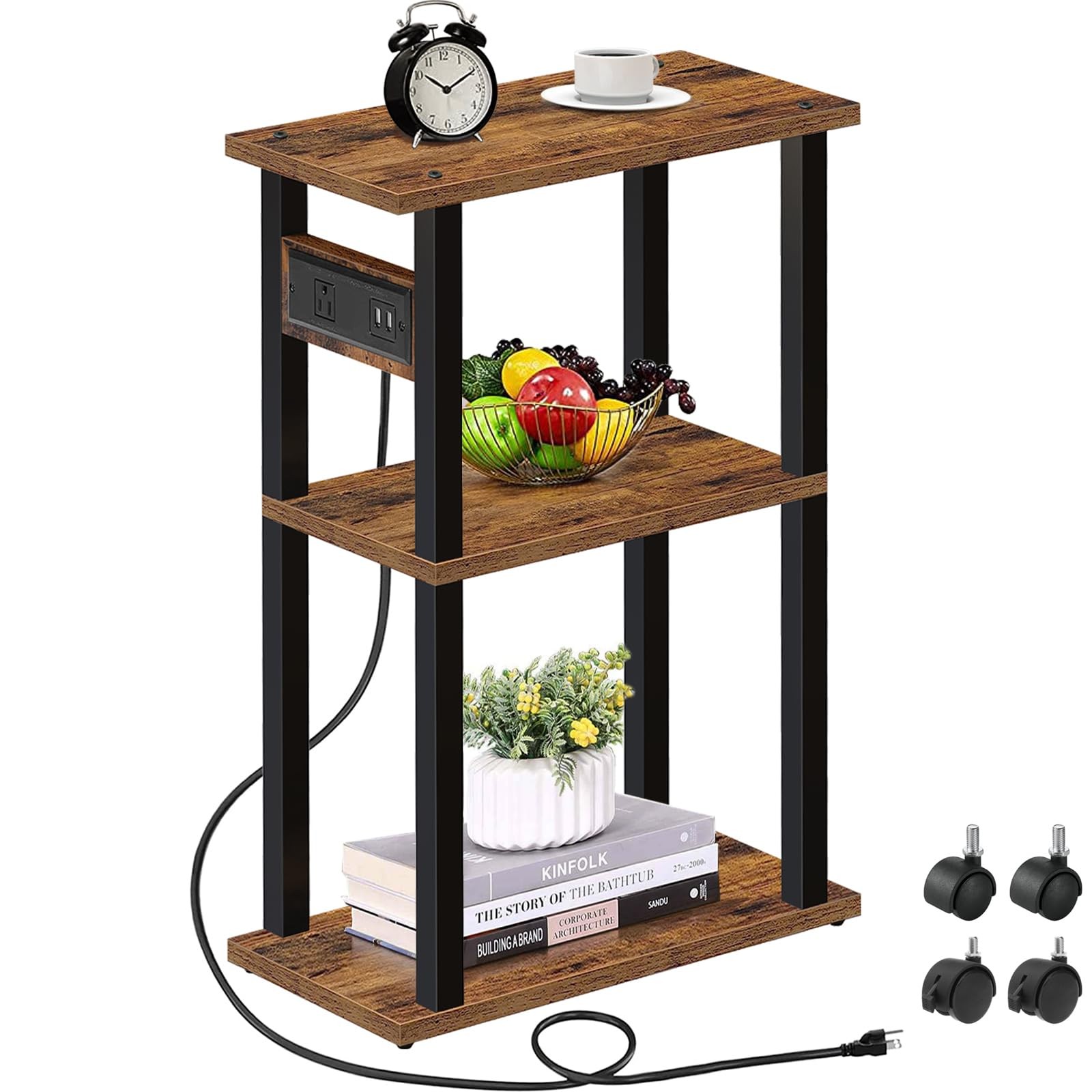 TUTOTAK Small Narrow Side Table with Charging Station, Skinny End 1 PC, Brown gallery