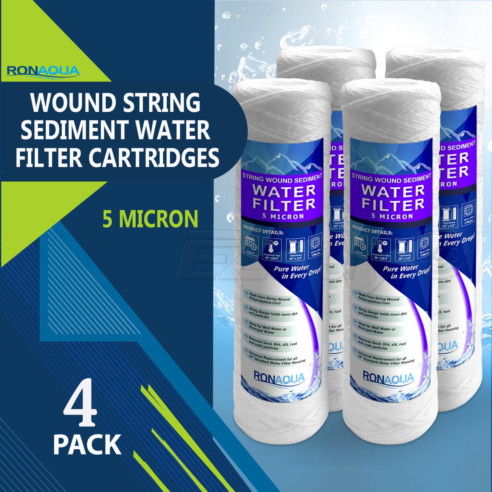 Wound String Sediment 5 Micron Water Filter Cartridge 2.5" x 10" 4 Pack gallery