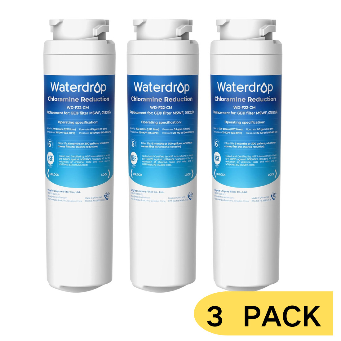 Waterdrop MSWF Refrigerator Water Filter, Replacement for GE® MSWF, Pack of 3 gallery