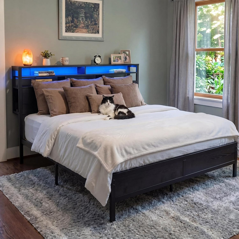 King Bed Frame w/ Storage Headboard LED Lights 4 Drawers Black gallery