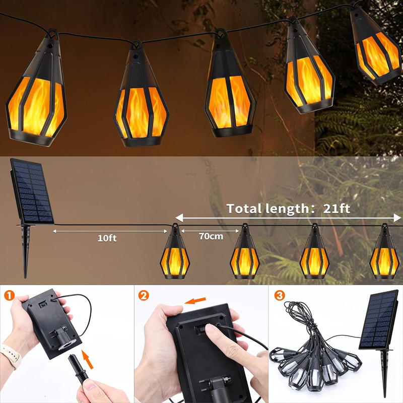 Solar String Lights for Outside, 21Ft Patio Lights with 10 Flickering Flame Ligh gallery