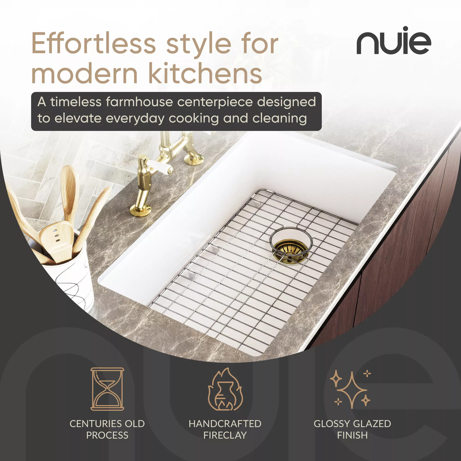 Nuie Undermount Kitchen Sink with Chrome Drainer, Wire Grid, Fire Clay 31x19x10" gallery
