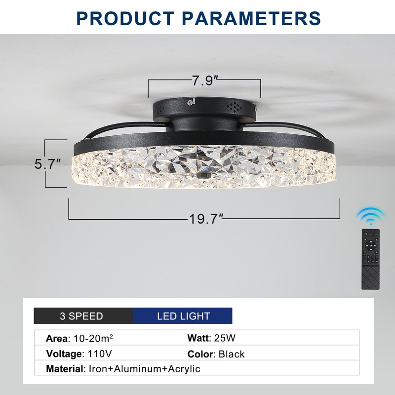 20 inch Remote APP Control Low Profile Black Ceiling Fan with Light Flush Mount gallery