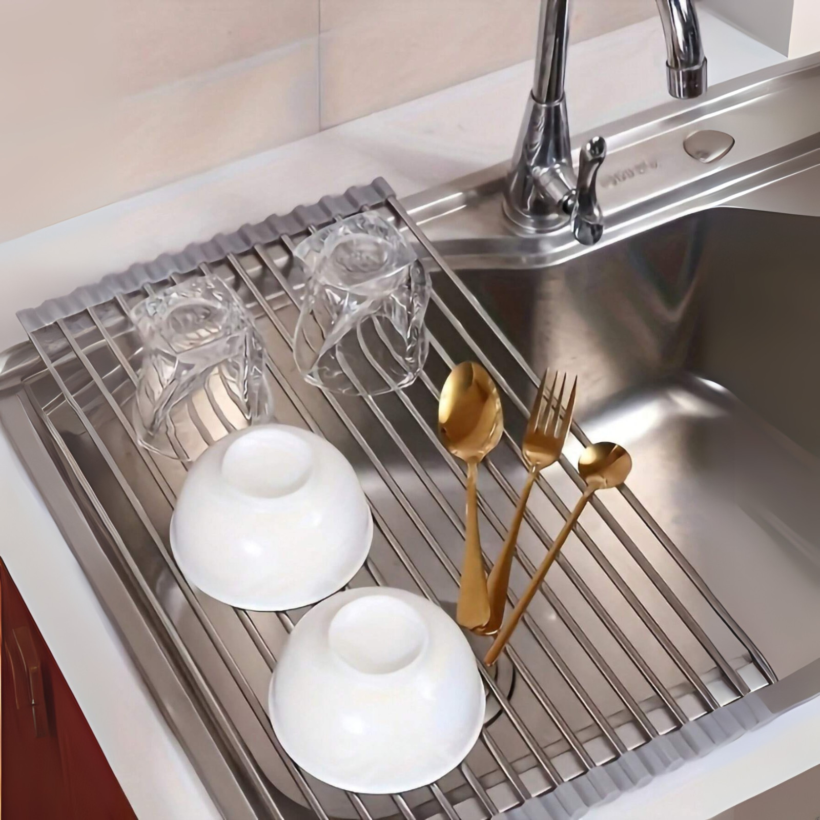 Stainless Steel Over the Sink Kitchen Dish Water Drain Rack Roll-Up Drying Rack gallery
