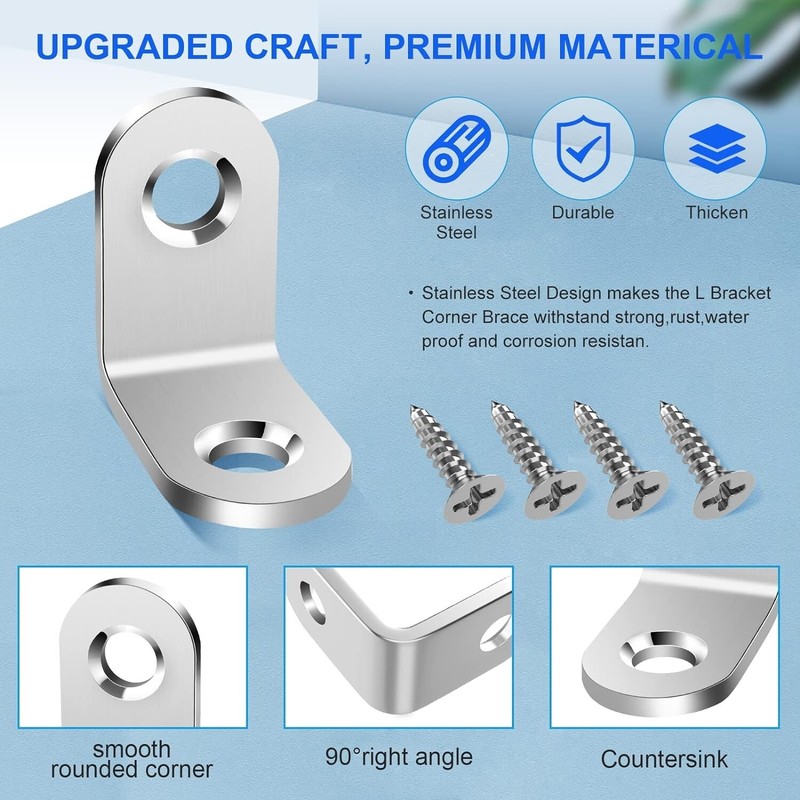 40pack L Bracket Corner Brace Sets Silver Stainless Steel 90 Degree Right Angle gallery