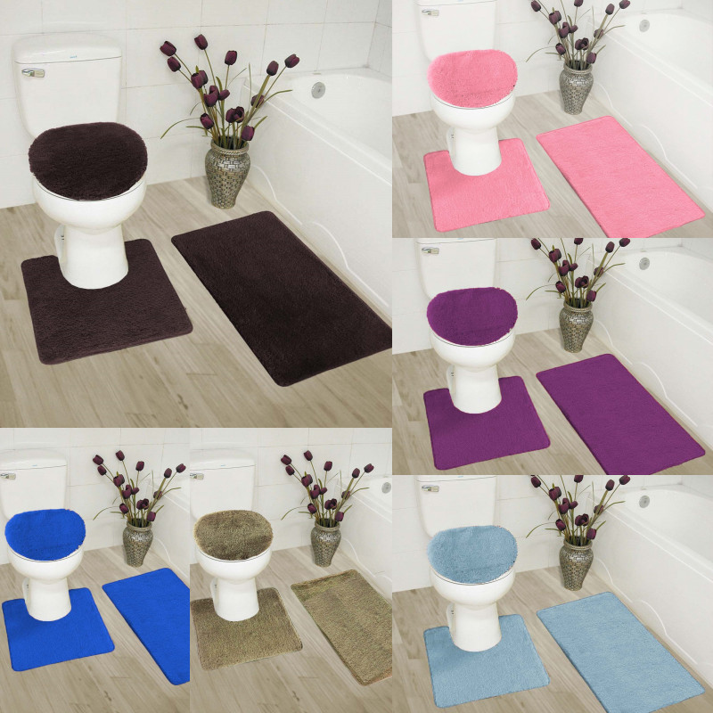 3-Piece Bathroom Bath Mat Contour Rug Set with Toilet Lid Cover #6 gallery