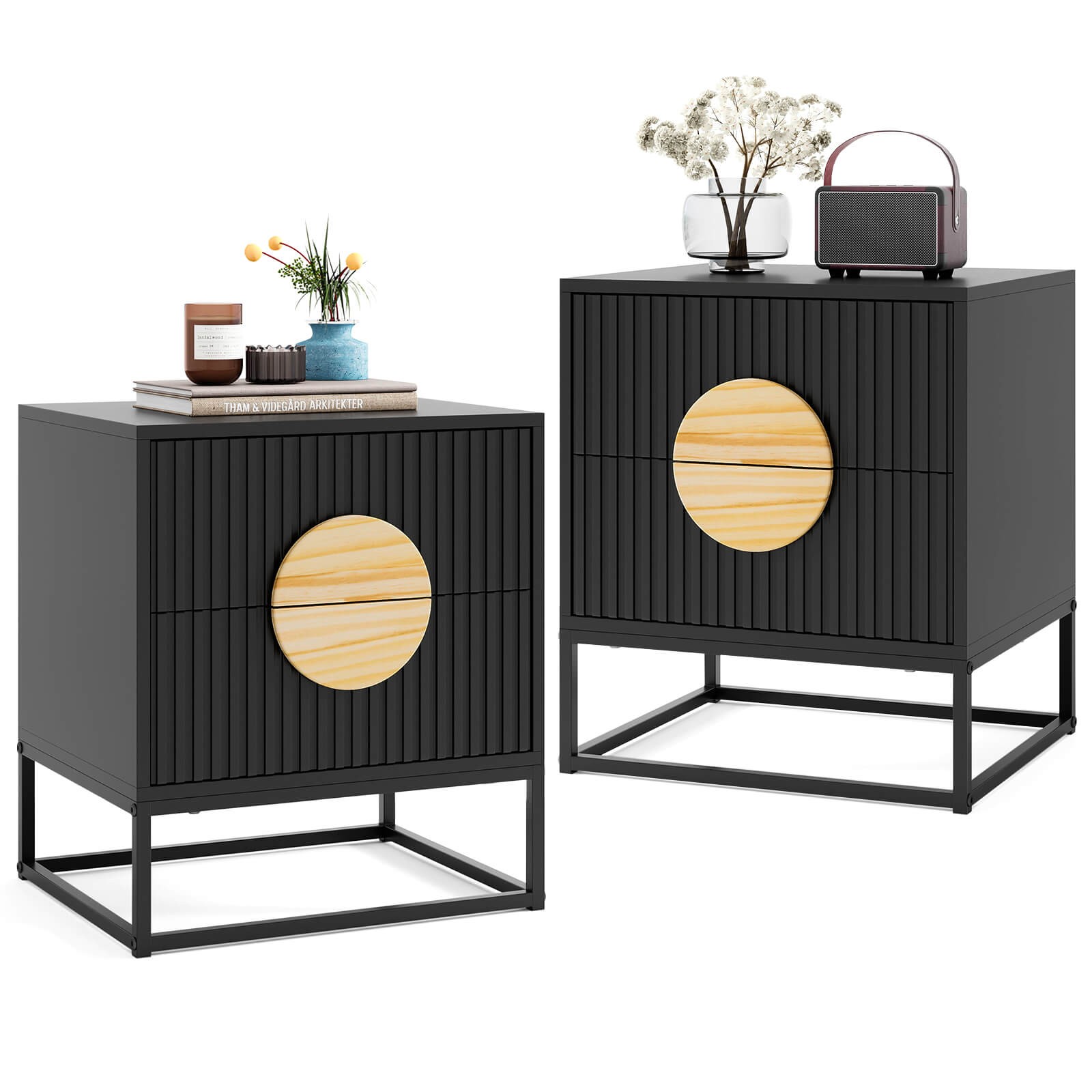 2PCS Fluted Nightstand with 2 Drawers w/Pine Wood Handles & Metal Frame gallery