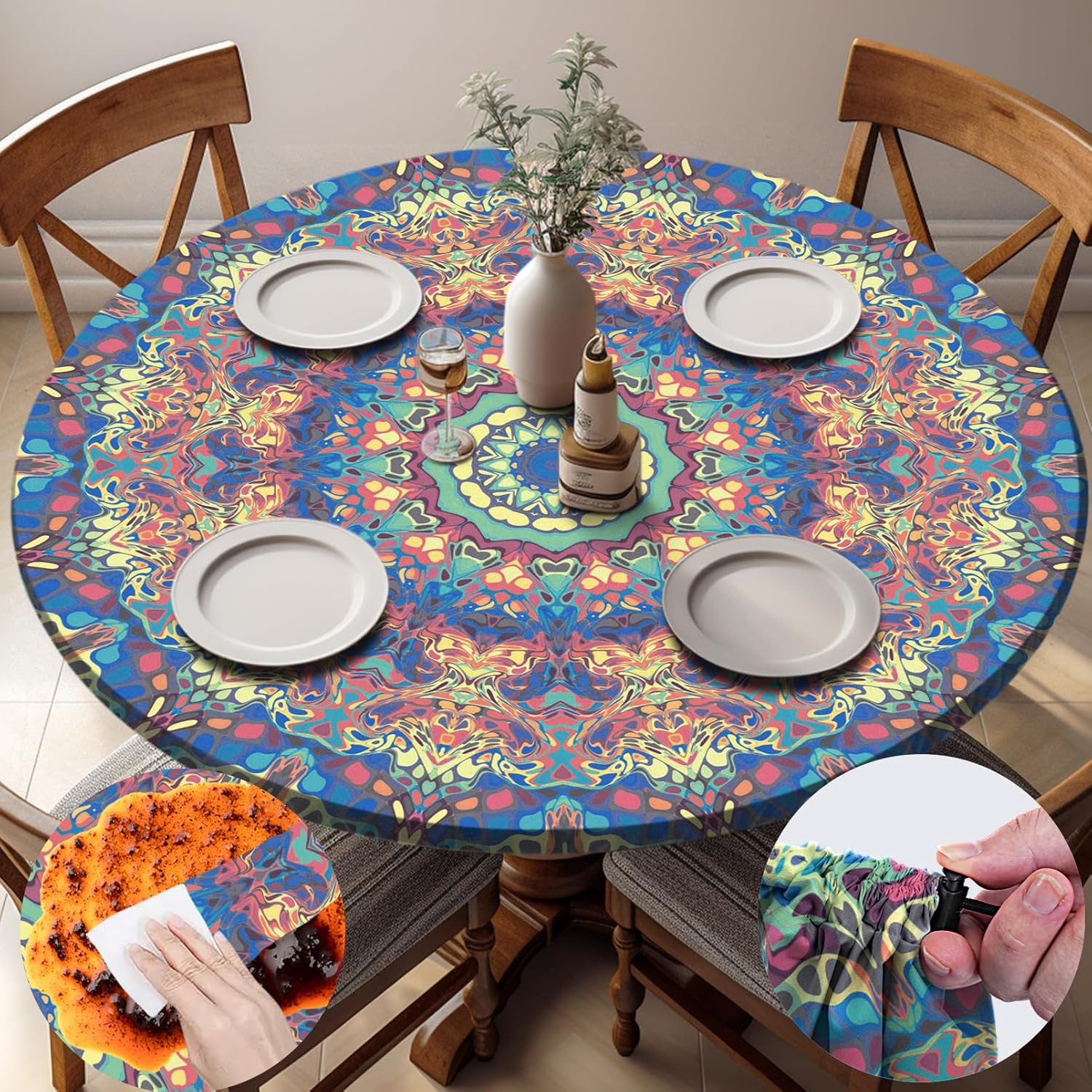 Fitted Round Tablecloth with Elastic Fit 40-44 Inch Round Table Blue Bohemia gallery
