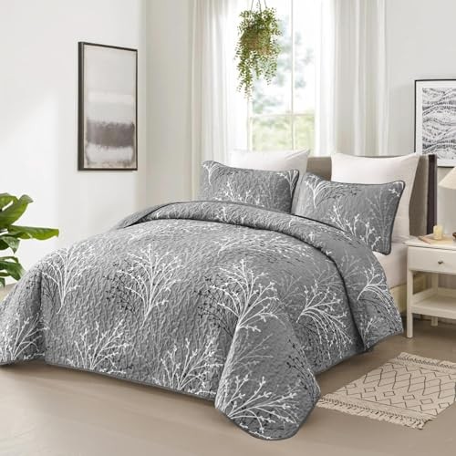 Quilt Set Size Branch Botanical Pattern Bedspread Coverlet Set, 3 Full Grey gallery
