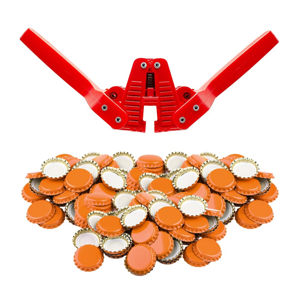 Fermentaholics Beer Bottle Capper & Lid Set and 144 Orange Crown Caps