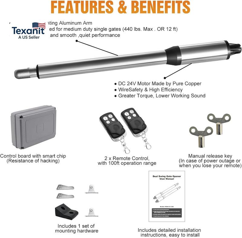 C01 Automatic Gate Opener with Remote Complete Kit for Swing Gate up to 440Lb 12 gallery