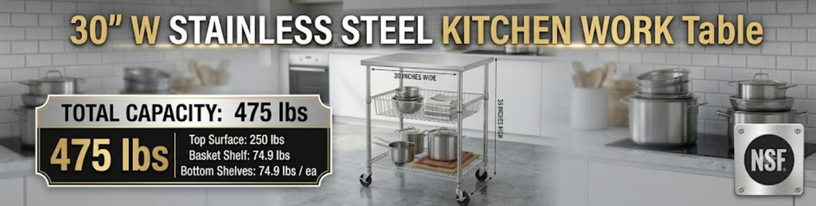 30 inch Stainless Steel NSF Kitchen Utility Cart Rolling Prep Table Fits Seville gallery