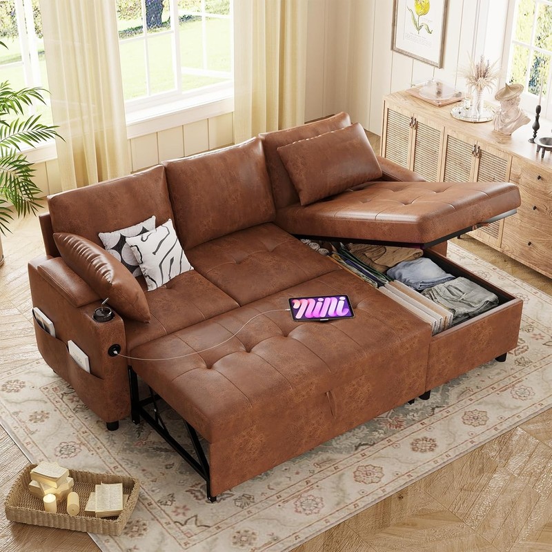 Leather Sleeper Sofa Bed Couch Pull Out w Storage Chaise USB Port Cup Holders gallery