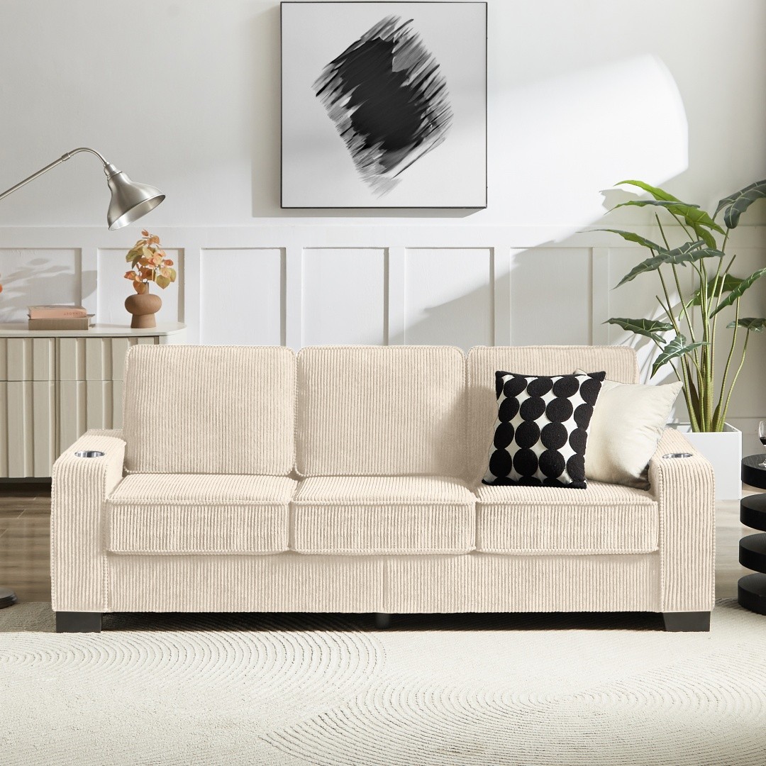 Corduroy Fabric sofa Modern Compressed Couch,3-Seater Sofa for Living Room Beige gallery
