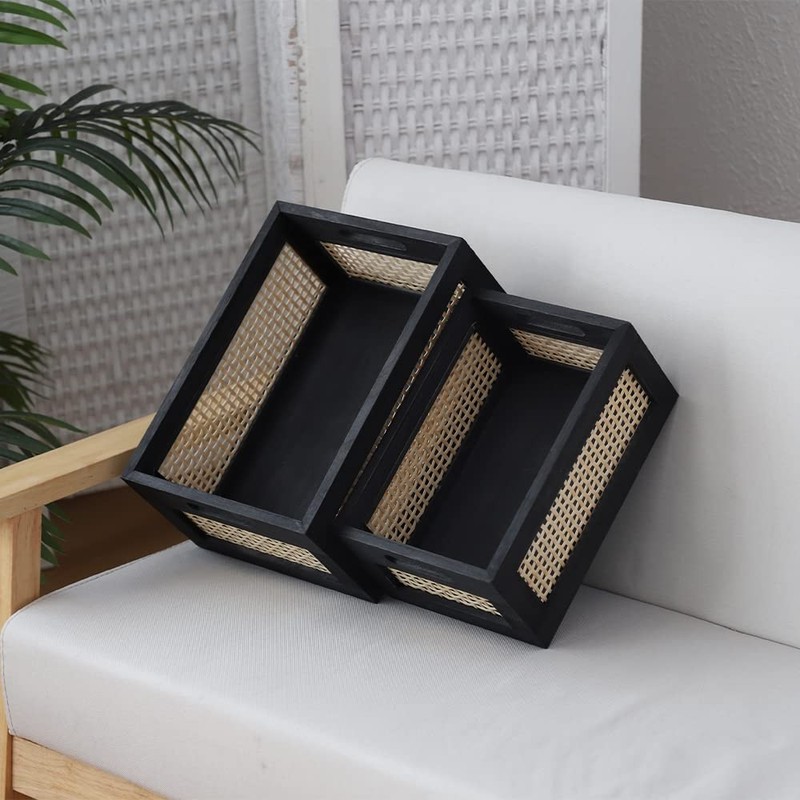 Wood Baskets, Rattan Storage Baskets for Organizing, Black, Set of 2 gallery