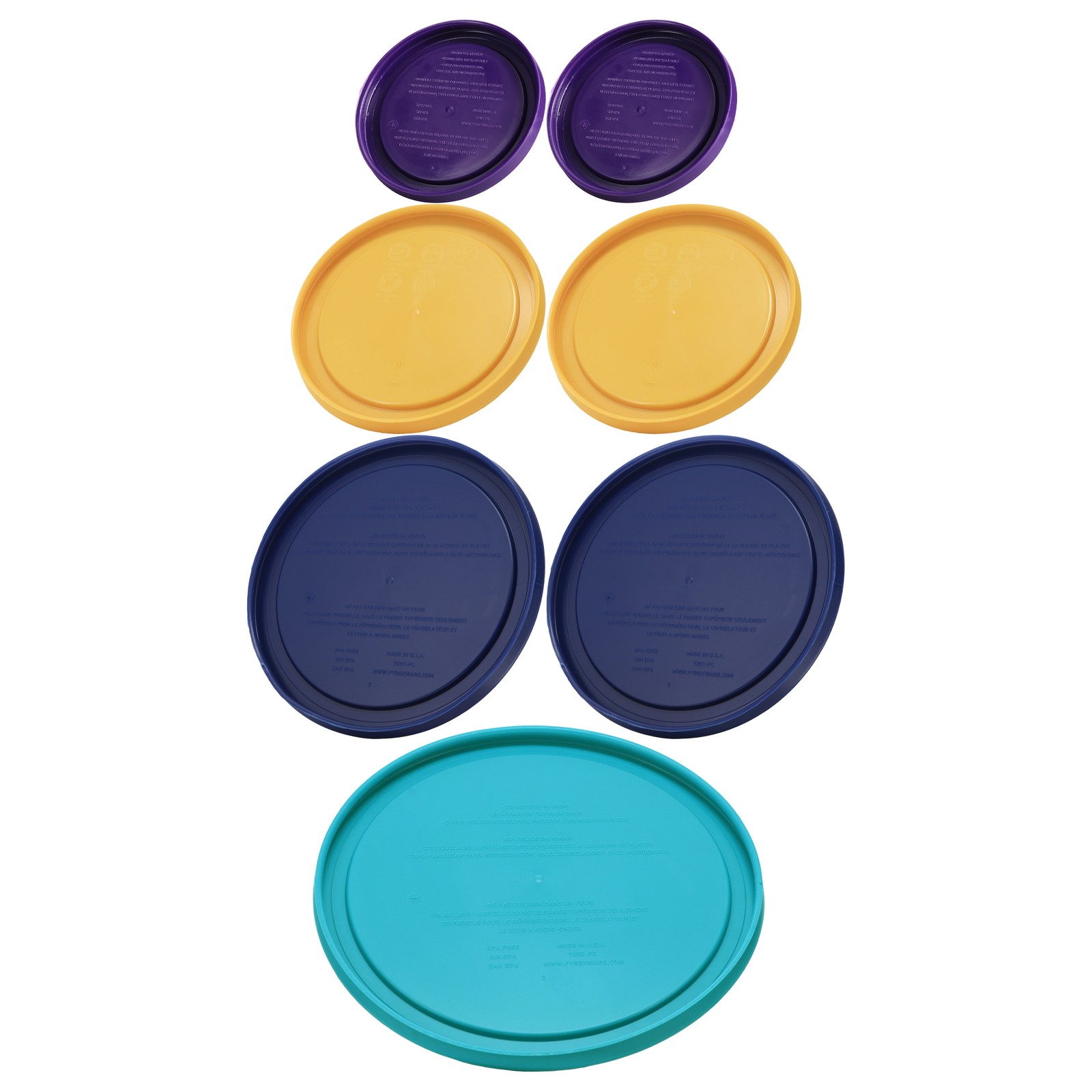 Pyrex Lids: (2) 7202-PC PLM, (2) 7200-PC BY, (2) 7201-PC BL, (1) 7402-PC TQ gallery