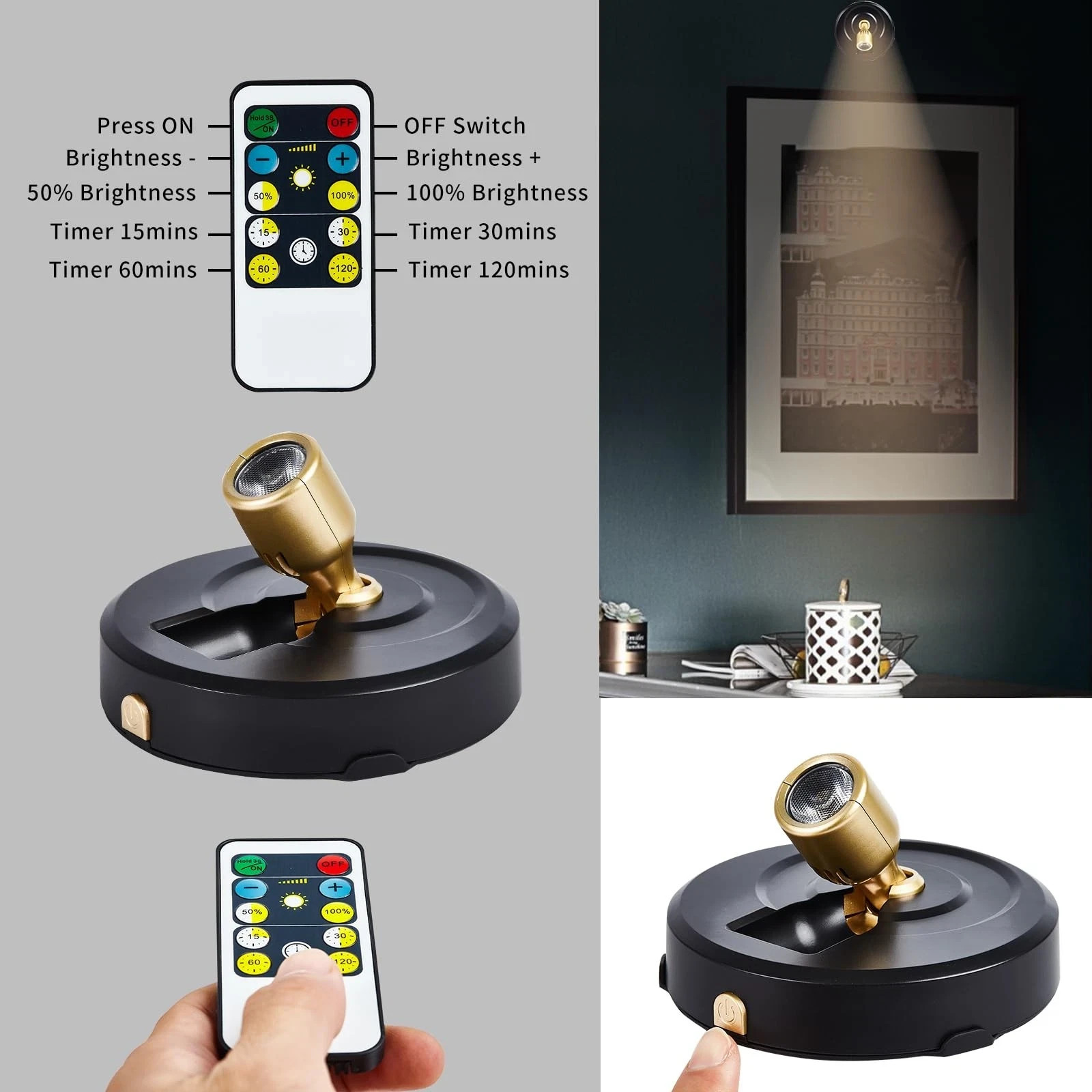 2-Pack Wireless LED Spotlight Battery Operated Picture Lights, Puck Lights with gallery