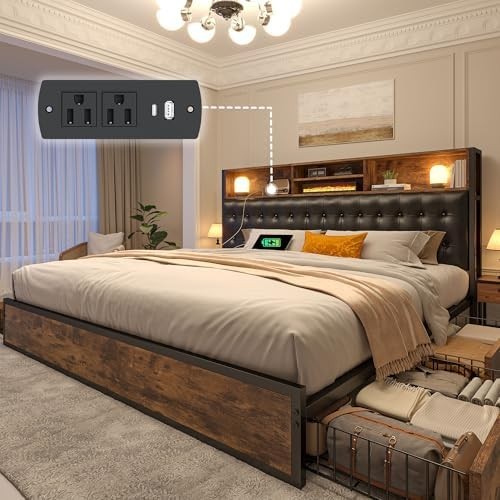 King Size Bed Frame with 4 Storage Drawers King Bed Frame and Headboard Upholste