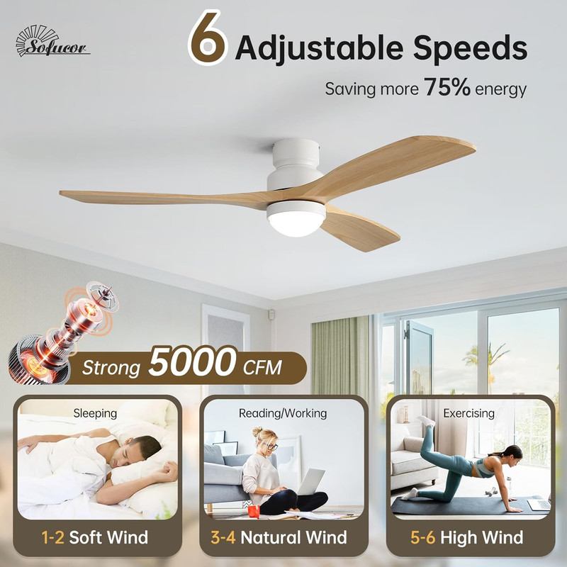 Sofucor 52" Solid Wood Ceiling Fan Lights, Flush Mount & Downrod Mount Ceiling F gallery
