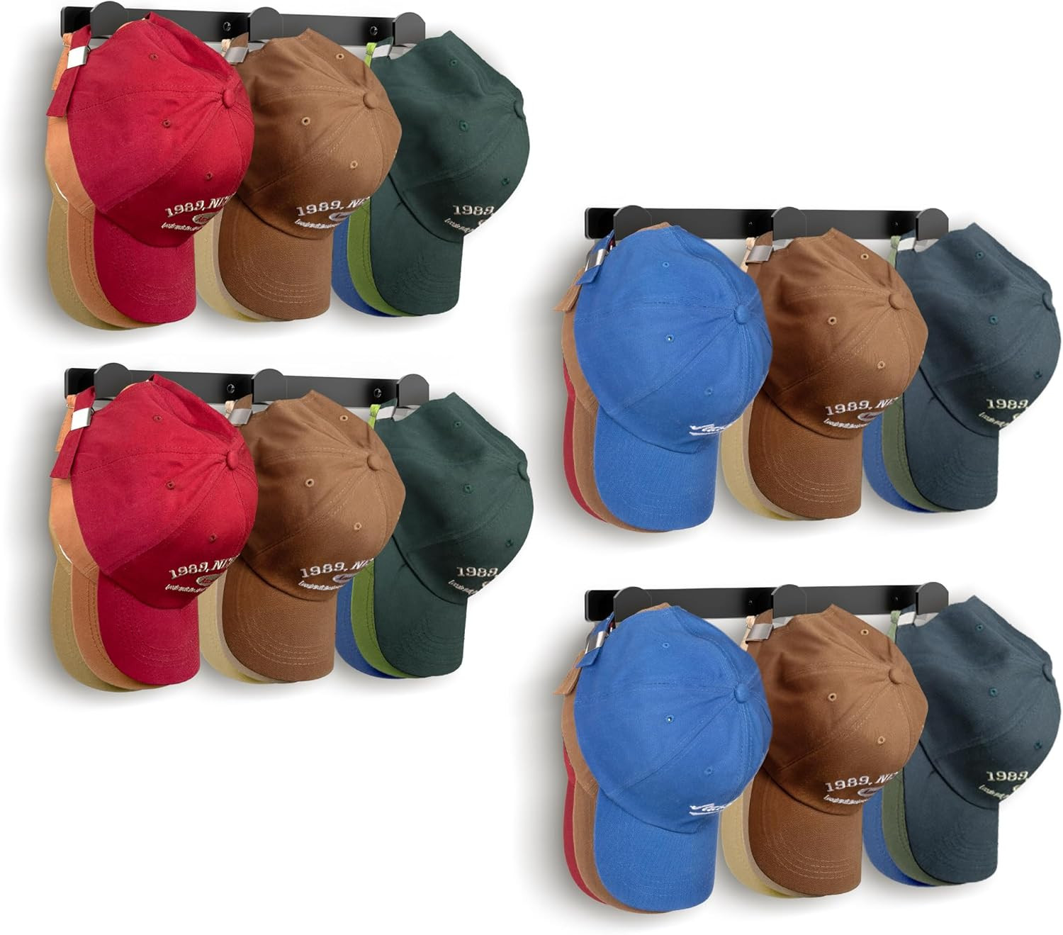 4 Packs Hat Rack for Wall, Hat Organizer for Baseball Caps Holds 36 Hats, 3 Moun gallery