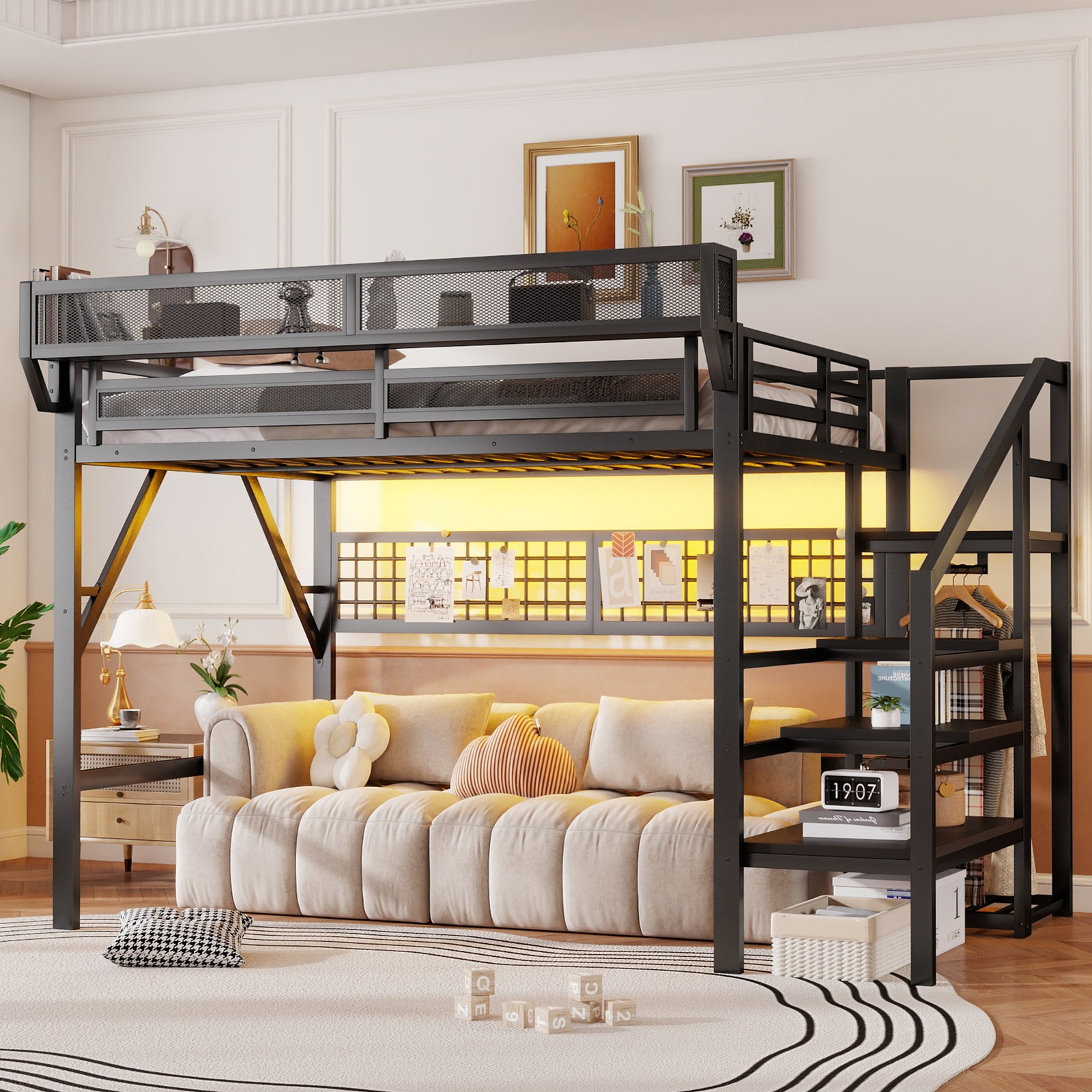 Queen Size Loft Bed with Stairs, Metal Queen Loft Bed with Light & Storage Black gallery