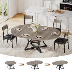 Round Extendable Dining Table Set, Kitchen Table Set with 4 Cushion Chairs