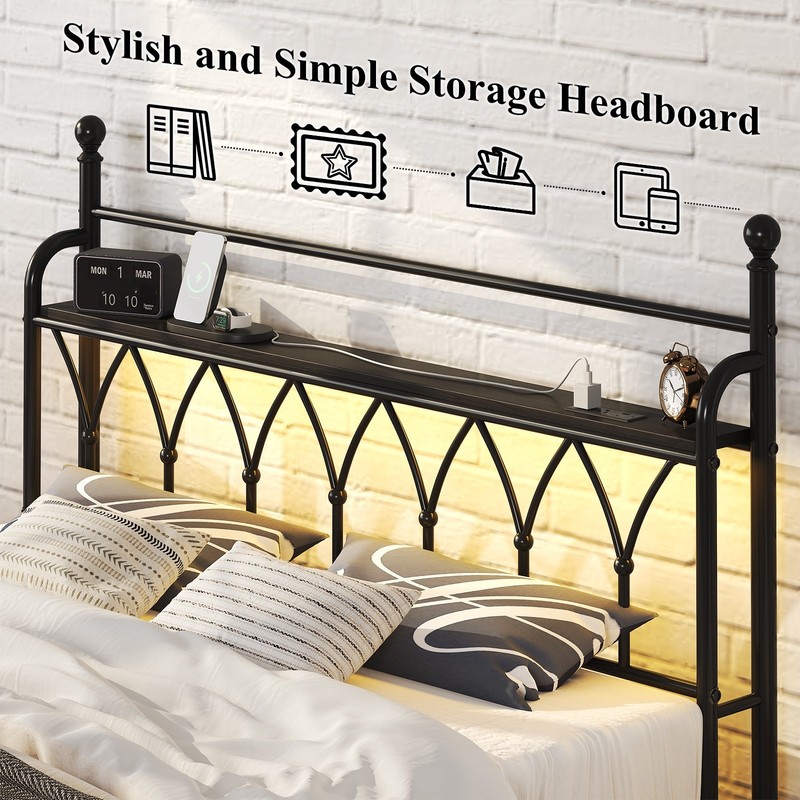 Queen Metal Bed Frame with Charging Station, Headboard storage space,LED Lights. gallery