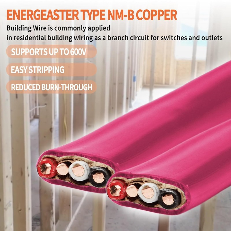 Solid Indoor 10/3 Type NM-B Pure Copper Cable 25FT, Pink, 10 AWG 3 Conductors... gallery