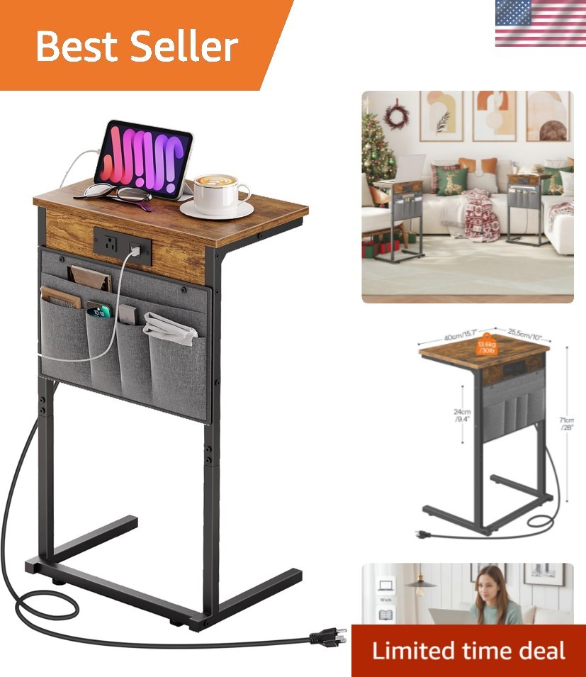 C Shaped End Table with Charging Station, 28" H Couch Side Table Slide Under,...