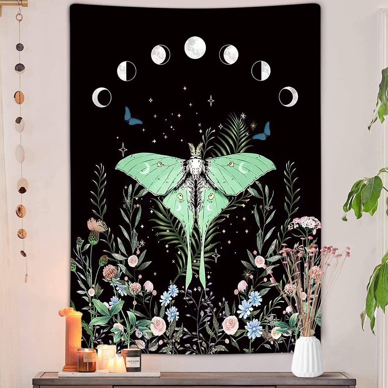Trippy Floral Moth Moon Vertical Tapestry, Aesthetic Flower 60"L x 40"W, gallery
