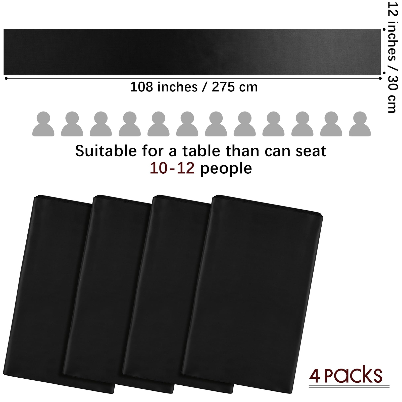 4 Pack Satin Table Runner 12 x 108 Inch Black Smooth Fabric Party Decoration gallery