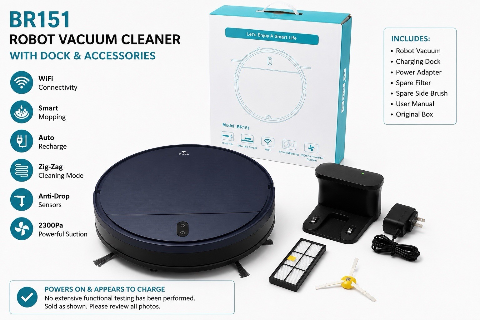 BR151 Robot Vacuum Cleaner w/ Dock, Adapter, Filter & Box Powers On gallery
