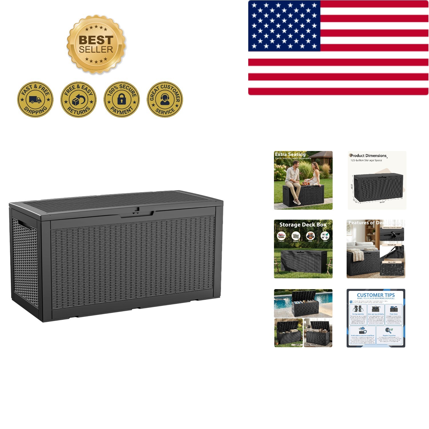 Durable Black 125 Gallon Outdoor Storage Box with Lift-Off Lid for All Weather gallery