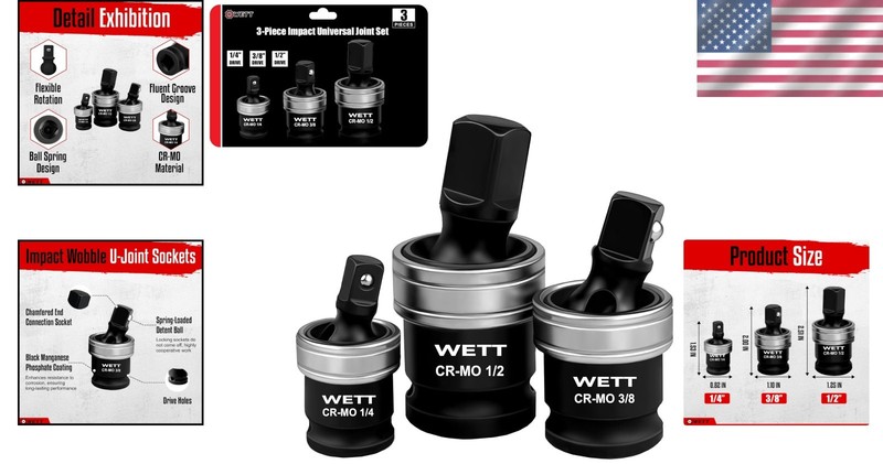 WETT 3-Piece Impact Universal Joint Set, 1/2", 3/8" and 1/4" Drive Socket Swivel gallery