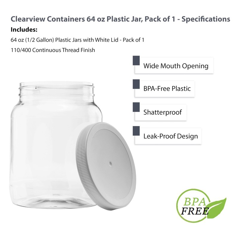 Plastic Storage Jars with Leak Proof Lids, BPA Free, Hand Wash Only (64oz, 1P... gallery
