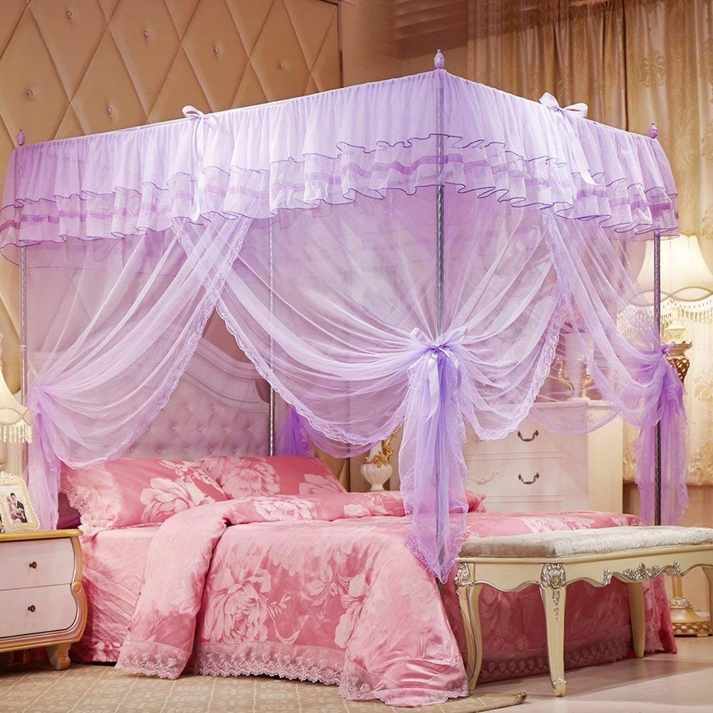 UOZZI BEDDING 4 Corners Post Purple Canopy Bed Curtain for Girls & Adults - Cute