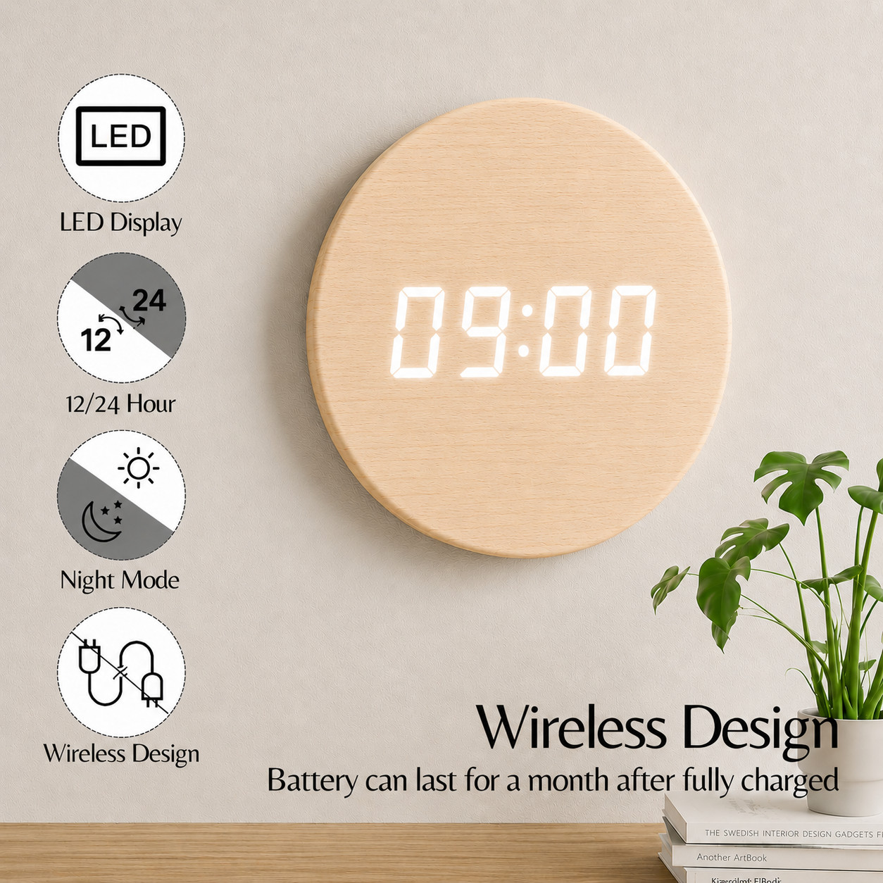 Minimalist LED Digital Wall Clock, Wood, Round, with Night Mode, 12/24 Hour, New gallery